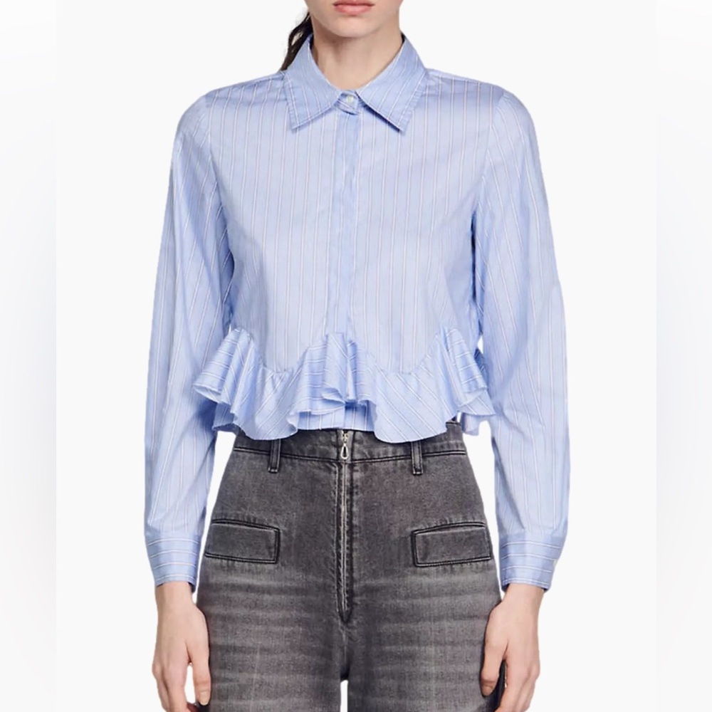 Sandro Striped Poplin Ruffle Long Sleeve Blue Cropped Shirt Size 0